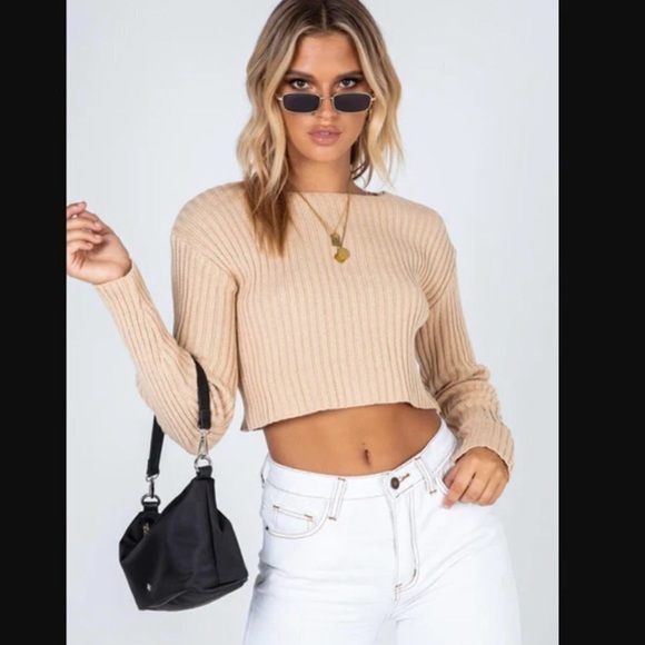 Princess Polly Alivia Beige Cropped Knit Sweater S/M - Picture 1 of 6